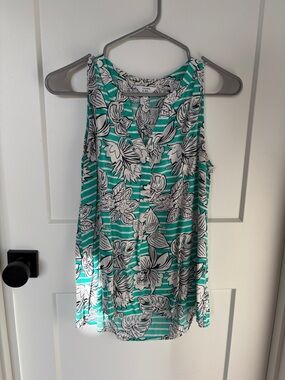 crown & ivy Teal and White Floral Stripe Tank